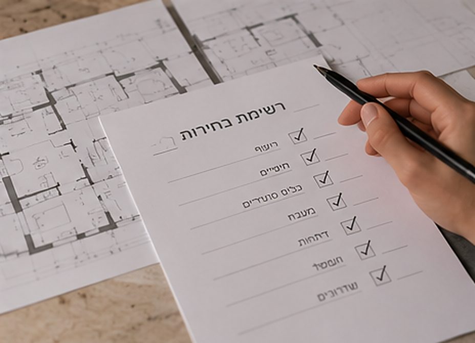 רשימת בחירות מסומנת: ריצוף, חיפויים, כלים סניטריים, מטבח, דלתות